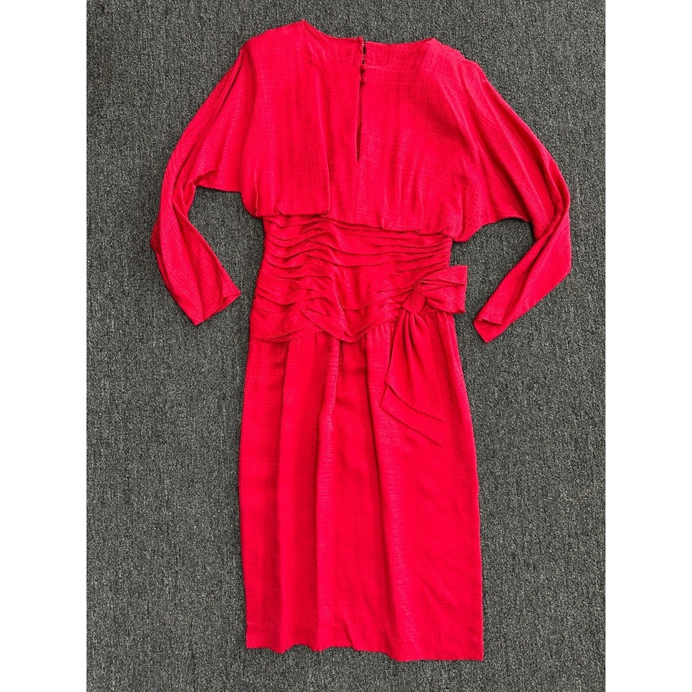 Vintage Dress Womens Size S/M Red Silky‎ Long Sleeve 80s 90s Ruched Waist Bow